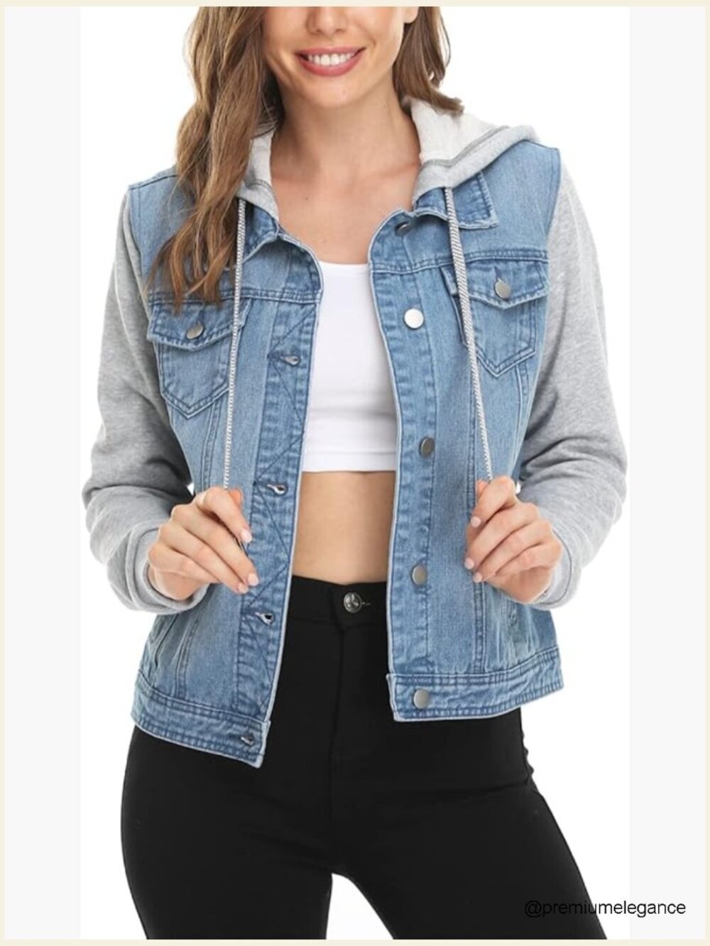 Layered Drawstring Hood Denim Jacket 6 Pockets Casual Coat